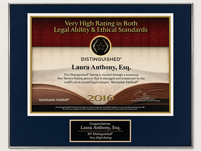 Martindale-Hubbell Distinguished 2016 | Laura Anthony, Esq. | very high rating in legal ability and ethical standards