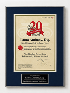 Martindale-Hubbell Distinguished 20 years 1996–2016 | Laura Anthony, Esq. | very high peer review rating in legal ability and ethical standards